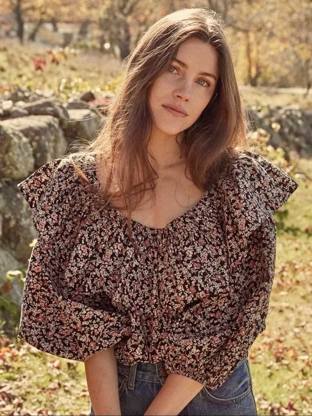 Doen Cielito Top in Harvest Meadow Floral Size Small Ruffle Puff Sleeve Blouse
